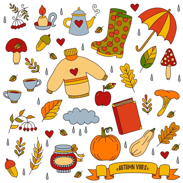 Autumn Fall Doodle Colorful Cartoon Icons Vector Set — Stock Vector