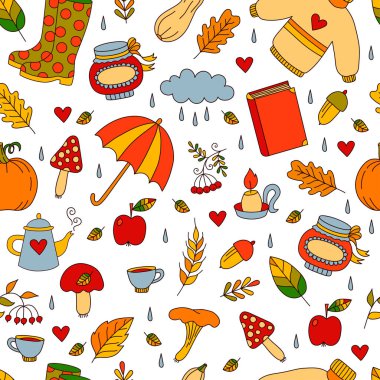 Sonbahar rengarenk çizgi film simgeleri kusursuz vektör deseni