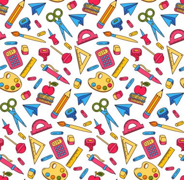 Okul üniversitesi ofis ekipmanları renkli çizgi film simgeleri kusursuz vektör desenleri karaladı