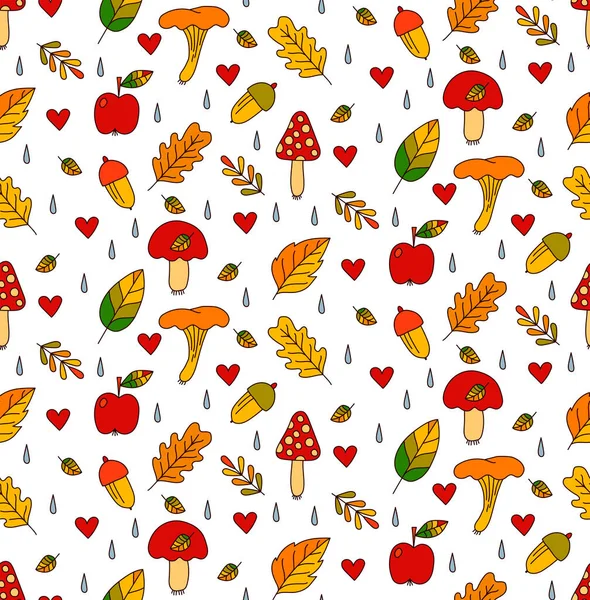 Fall Autumn Leaves Mushrooms Apples Colorful Seamless Vector Pattern — Stock Vector