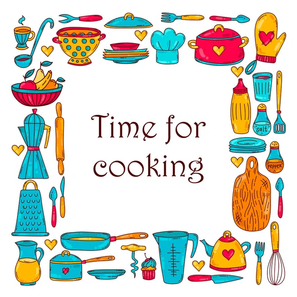 Mutfak karalama karikatürü dekoratif simgeler kare çerçeve tasarımı