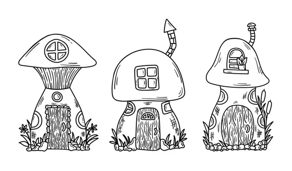 Champignon Maisons Doodle Conte Fées Vecteur Ensemble — Image vectorielle