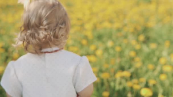 Маленькая девочка играет в траве в замедленной съемке. Одуванчики с цветами — стоковое видео