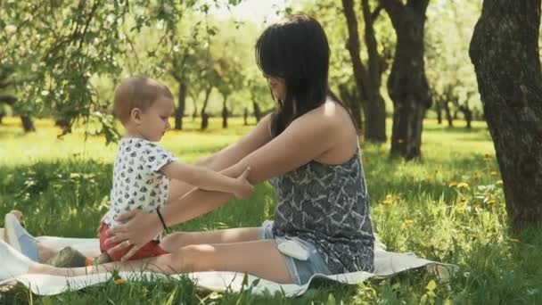 Glücklich lächelnde Mutter mit ihrem kleinen Sohn beim Picknick unter einem großen Baum. Familienkonzept — Stockvideo