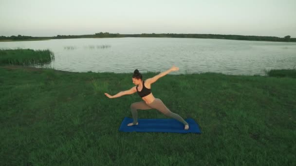 年轻女孩在蓝色瑜伽垫在安静的风景。妇女做瑜伽 — 图库视频影像