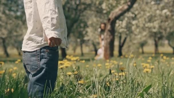 Sonrientes padres caucásicos caminando con su hijo en el parque del manzano de verano — Vídeos de Stock