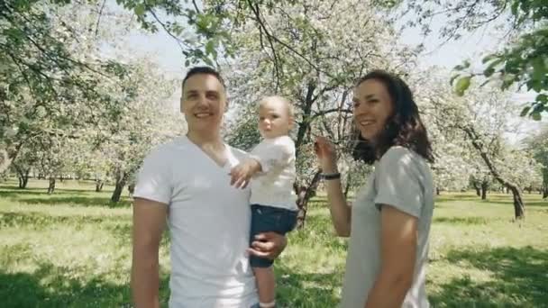 Lächelnde kaukasische Eltern spazieren mit Sohn im sommerlichen Apfelbaumpark — Stockvideo