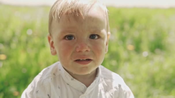 Little boy crying in park in city, close up — Stock Video