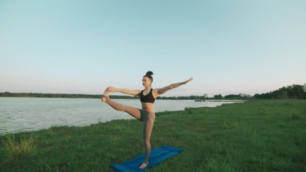 Frau macht Yoga in ruhiger Landschaft. Yoga, Sport und gesunder Lebensstil — Stockvideo