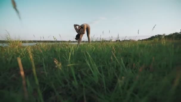 ブルネットの女性は、公園でヨガを練習します。ヨガの女の子は緑の草に移動します。 — ストック動画