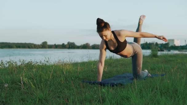 Брюнетка практикует йогу в парке. Девушка, занимающаяся йогой, ходит по зеленой траве — стоковое видео