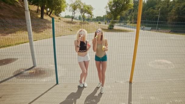 Jóvenes chicas hipster en gafas de sol que se divierten haciendo burbujas al aire libre — Vídeo de stock