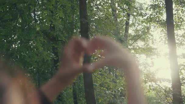 Detailní záběr na ženské a mužské ruce ukazující tvar srdce při západu slunce. Láska — Stock video