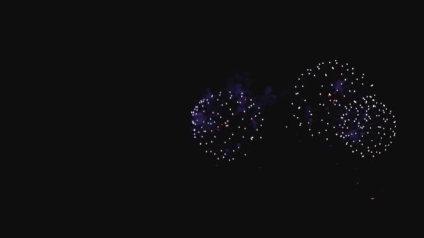 Colorful fireworks at holiday night in slow motion with copyspace to left — Stock Video