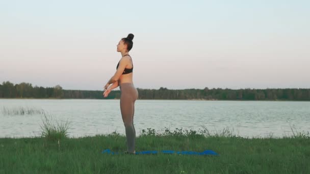 Красива молода жінка робить йогу вранці на синьому килимку йоги в тихих краєвидах — стокове відео