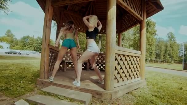 Belles femmes élégantes dansant dans la maison de jardin au ralenti — Video