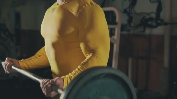 Hombre musculoso haciendo ejercicio bíceps en gimnasio oscuro y sombreado sosteniendo la barra — Vídeos de Stock