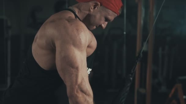 Bodybuilder im Fitnessstudio trainiert Arme Trizeps-Muskeln mit Seilzug für Körpermasse — Stockvideo