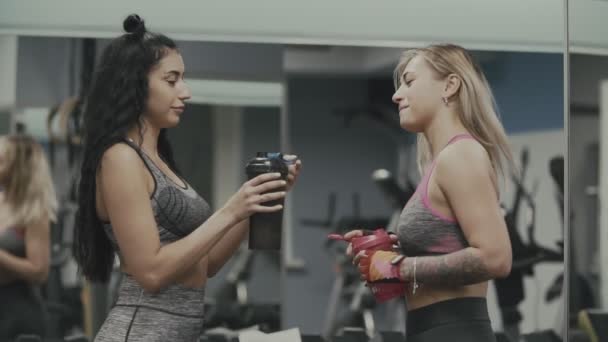 Две привлекательные девушки пьют протеиновый коктейль в спортзале — стоковое видео