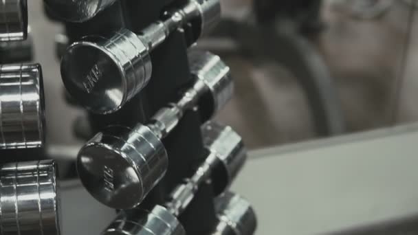Rows of dumbbells in gym, simulators for athletes with copy space — Stock Video