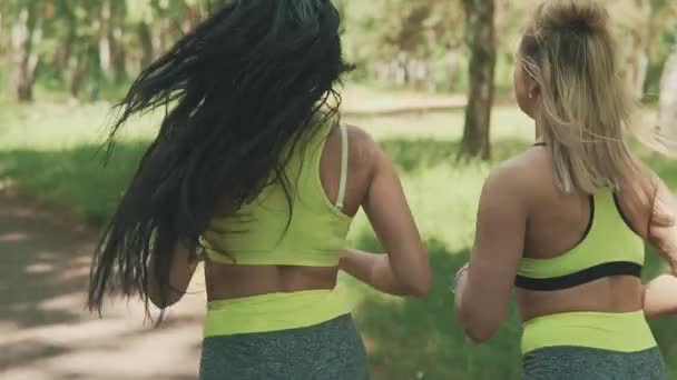 Backview av Fitness kvinnor kör i park. Två honor jogging utomhus — Stockvideo