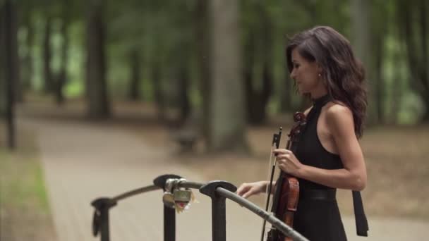 Hermosa chica en vestido negro con violín en el bosque — Vídeo de stock