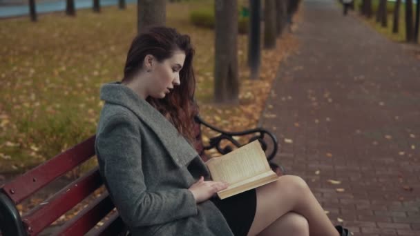 Calma joven morena con abrigo libro de lectura sentado en el banco en el parque — Vídeos de Stock