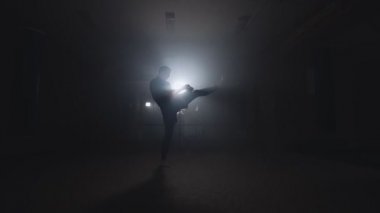 Dumanlı Studio'da boks sporcu. Siluet koyu arka plan üzerinde. Boksör eğitim