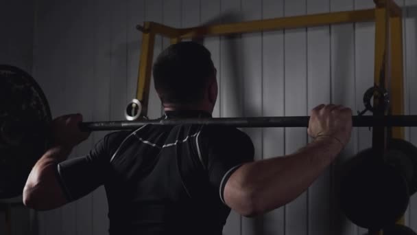 Young athlete training in gym. Squats in gym. Squats with weight. Sport concept — Stock Video