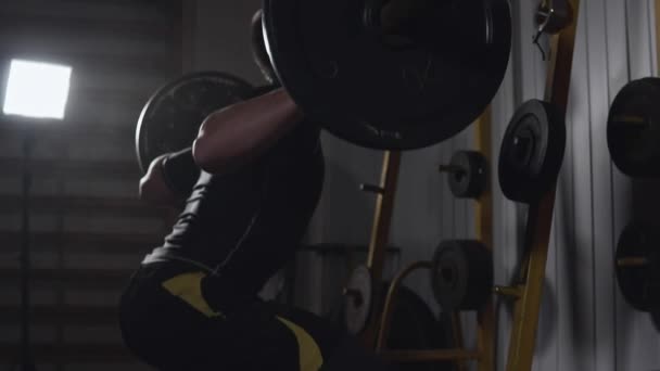 Agachamentos no ginásio. Jovem atleta treinando no ginásio. Agachamentos com peso. Conceito de desporto — Vídeo de Stock