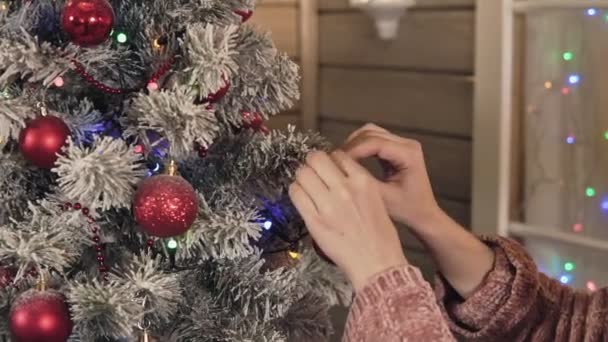 Primer plano de las manos de la muchacha joven decorando el árbol de Navidad por bolas rojas — Vídeo de stock