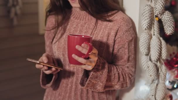 Mädchen mit Telefon steht auf Veranda mit Weihnachtsbaum und Lichtern im Hintergrund — Stockvideo