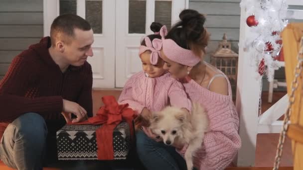 Familia sonriente con hija pequeña y perro sentado en el porche con árbol de Navidad — Vídeo de stock