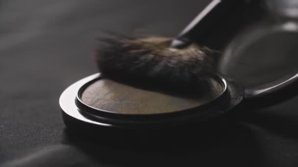Make-up brush touching on color cosmetic palette in slow motion. Close up view — Stock Video