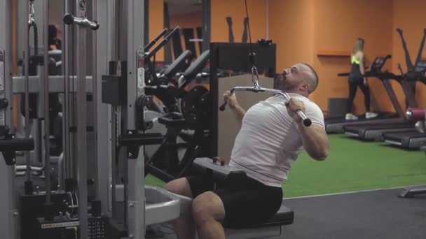 Culturista haciendo ejercicio en simulador en gimnasio. Músculos torácicos y de espalda — Vídeos de Stock