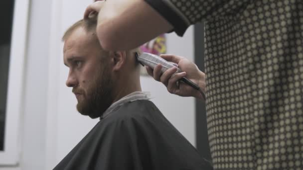 Middellange shot van haar rietenknipper kapsel. Professionele kapper snijden haar — Stockvideo