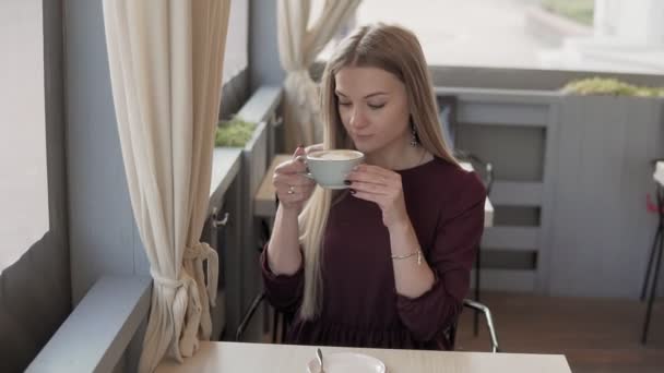 Beautiful girl drinking coffee and relaxing in cafe. Woman with cup of coffee — Stock Video
