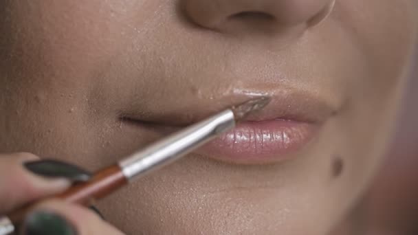 Professionelle Visagistin trägt Lippenstift auf die Lippen der Models auf. Nahsicht — Stockvideo