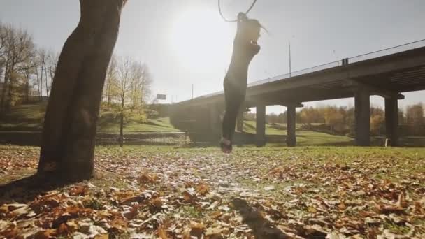 Silhueta de mulher fazendo alguns elementos acrobáticos em aro aéreo ao ar livre — Vídeo de Stock