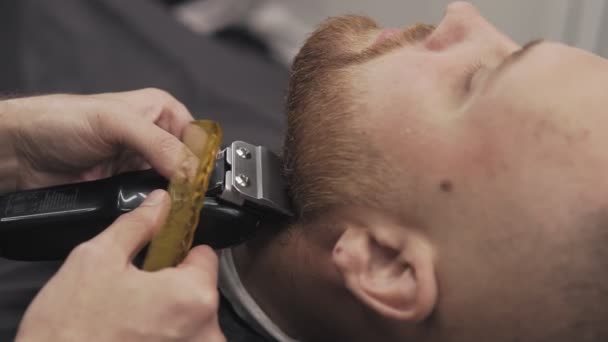 Pria berjenggot berjenggot profesional. Tukang cukur mencukur jenggot dengan pisau cukur listrik — Stok Video