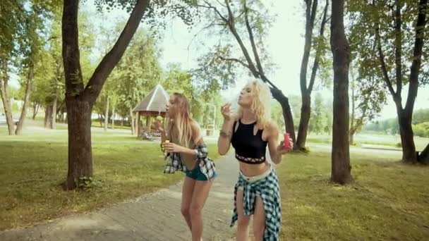 Милые девушки-хипстеры в солнечных очках веселятся, делая пузырьки в парке — стоковое видео