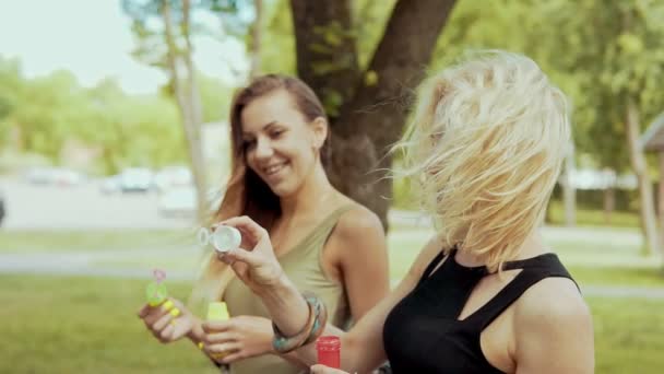 Hermosas chicas hipster con gafas de sol que se divierten haciendo burbujas en el parque — Vídeos de Stock