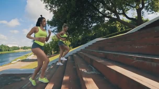 两个女人慢跑楼梯。在运动服上升的赛跑者夫妇爬楼梯. — 图库视频影像