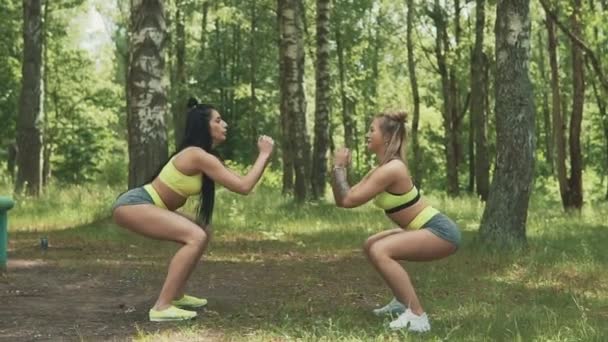 Zwei junge Frauen, die im Park hocken. Fitness-Modelle mit Tätowierübungen im Freien — Stockvideo