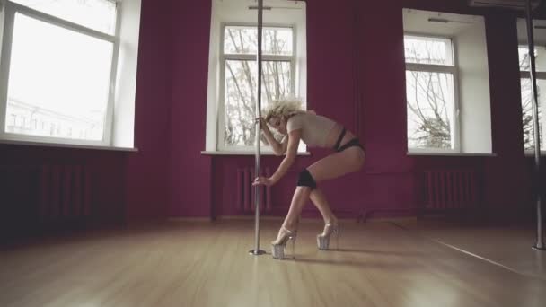 Pole Dance. junge schöne Frau führt sinnlichen Tanz auf. junge schlanke Mädchen tanzen — Stockvideo