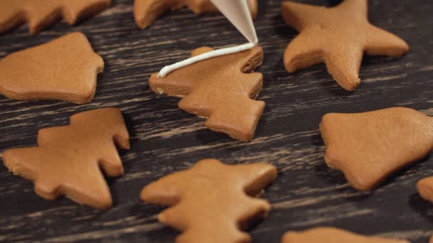 Decoración de galletas de Navidad. Cerca de adornar el árbol de Navidad de pan de jengibre — Vídeo de stock