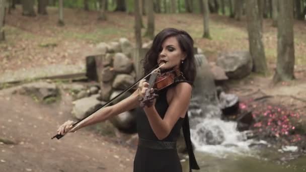 Hermosa chica en vestido tocando el violín en el bosque con cascada en el fondo — Vídeos de Stock