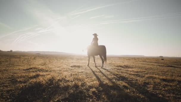 Jovem vaqueira no cavalo marrom em câmera lenta ao ar livre — Vídeo de Stock