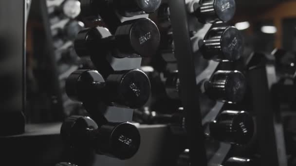 Rows of dumbbells in gym, simulators for athletes — Stock Video