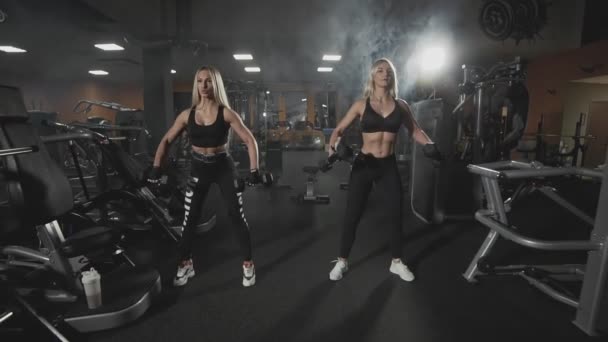 Donne Fitness Bionda Splendida Che Esercitano Con Manubri Insieme Alla — Video Stock